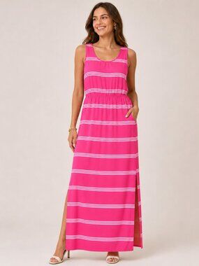 Land's End 10-12 Pink White Striped Sleeveless Maxi House Lounge Summer Dress